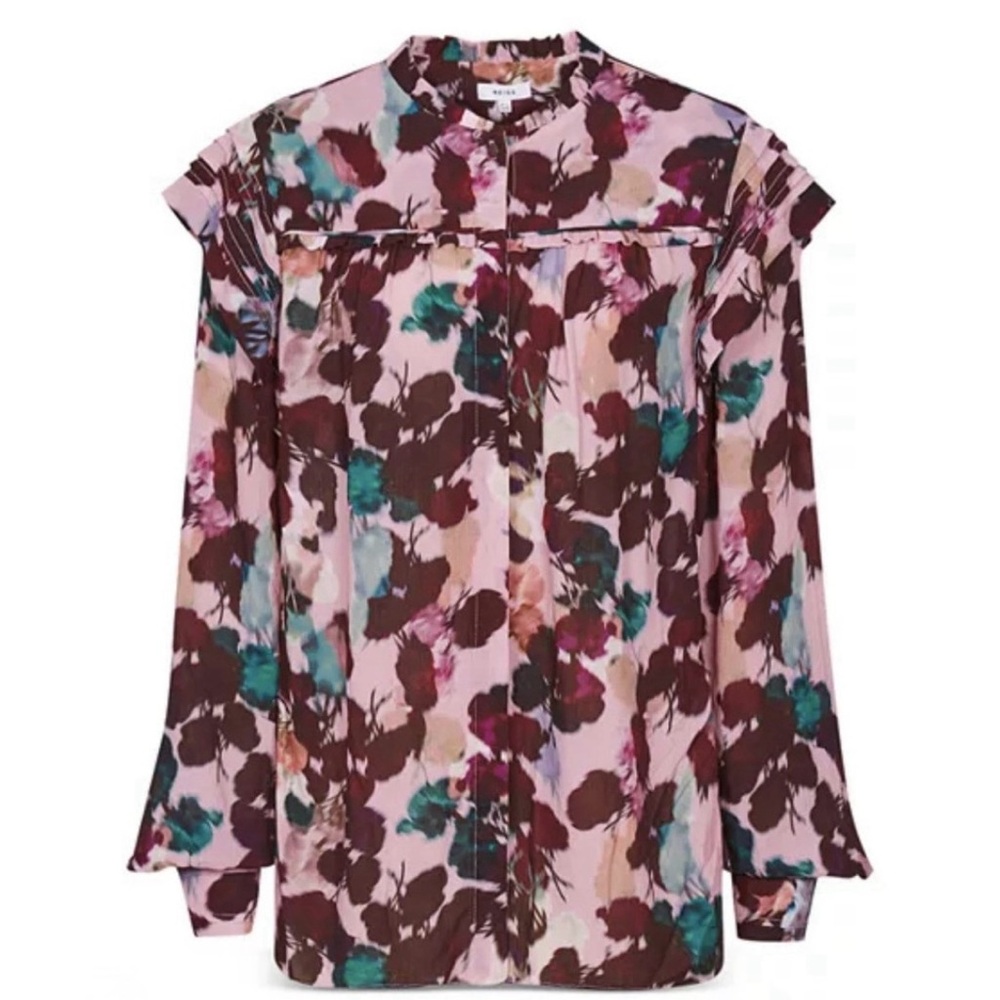 Reiss Blouse Phoenix Floral Yoke Print Top Shirt Frill Long Sleeved Sz US 4 EUC